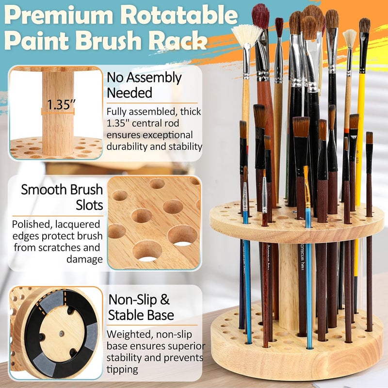 Dlicoda 52 Holes Paint Brush Holder, 360° Rotating Paint Brush Organizer, Hardwood Storage Stand Rack for Artists Brushes, Crafts Tools, Makeup Brush, Calligraphy Pens - Image 5